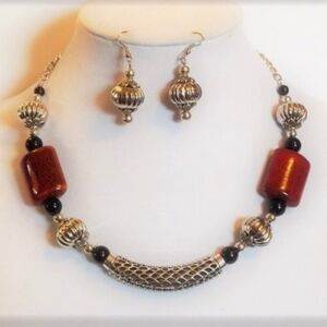Red Ceramic Choker With Half Moon Statement Pendant Necklace and Earring Set